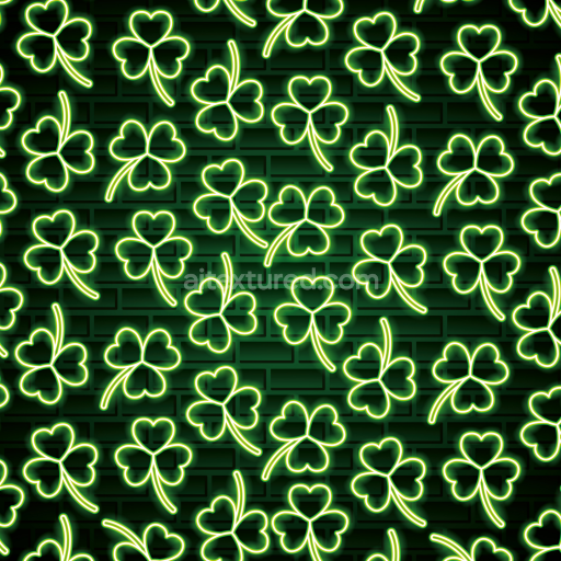 Seamless 3D PBR Texture of Neon Green Shamrocks with Brick Background