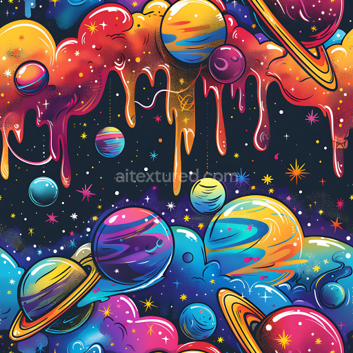 Seamless 3D PBR Texture Featuring Vibrant Cosmic Graffiti with Dripping Paint Effect