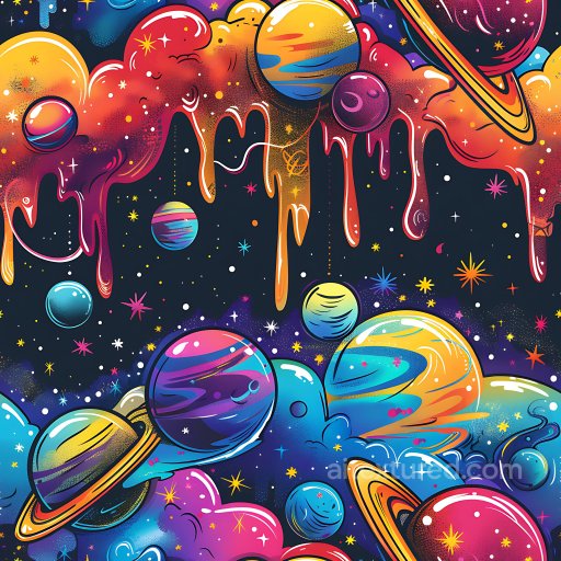 Seamless 3D PBR Texture Featuring Vibrant Cosmic Graffiti with Dripping Paint Effect texture preview