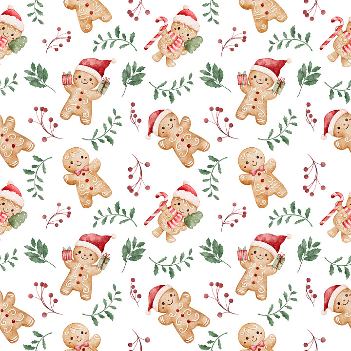 Pattern Featuring Festive Gingerbread Men and Holiday Foliage seamless PBR texture preview