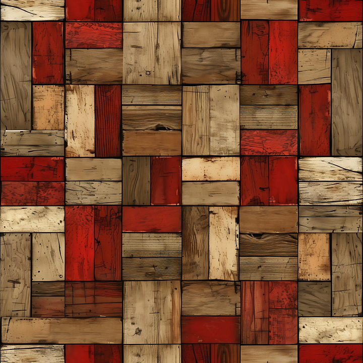 Reclaimed Wood Panels with Distressed Red Paint and Varied Grain seamless PBR texture preview