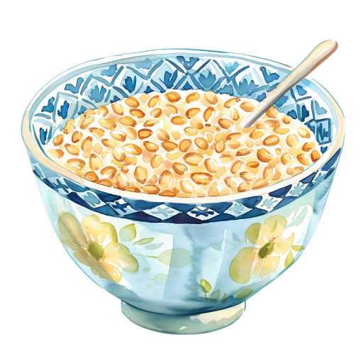 Preview — Watercolor Style Barley Porridge Breakfast in Blue Floral Bowl