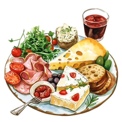 Ploughman's Lunch Breakfast Cheese Platter with Ham, Greens, and Bread Illustration