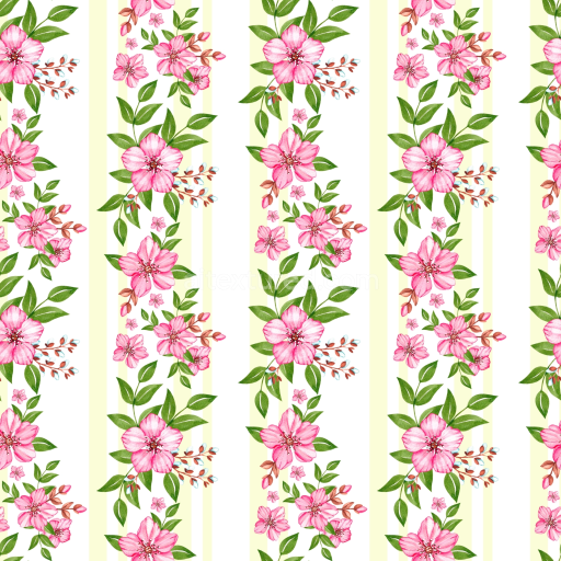 Seamless 3D PBR Texture of Pink Watercolor Flowers with Vertical Stripes