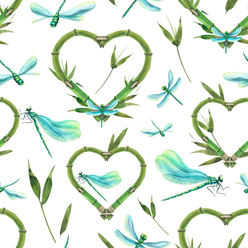 Seamless 3D PBR Texture Featuring Bamboo Heart Shapes and Dragonflies