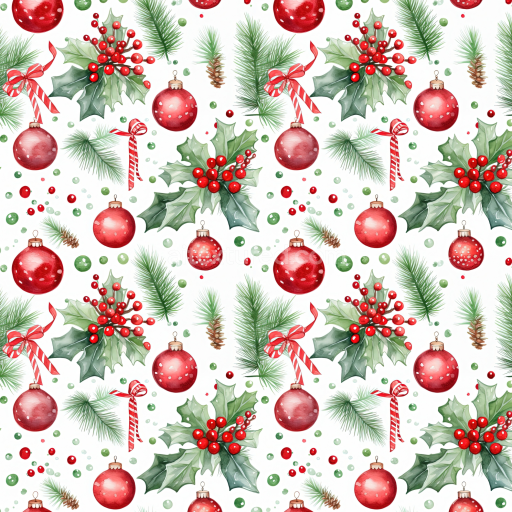 Seamless 3D PBR Watercolor Christmas Texture with Holly, Ornaments, and Pine Branches
