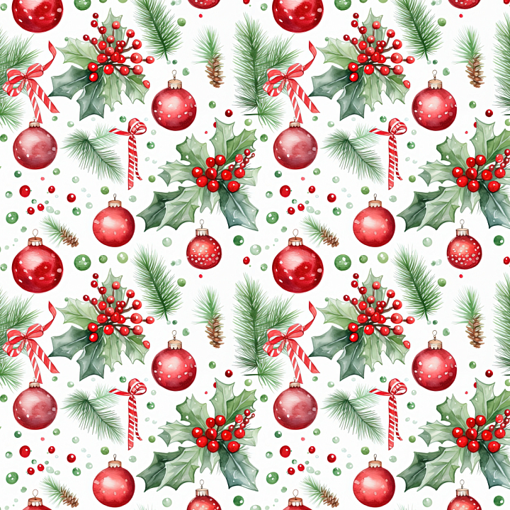 Watercolor Christmas with Holly, Ornaments, and Pine Branches Wood seamless PBR texture preview