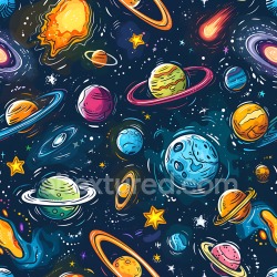 seamless Seamless 3D Cartoon Space PBR Texture Featuring Planets, Rings, and Colorful Stars texture 8k free download PBR