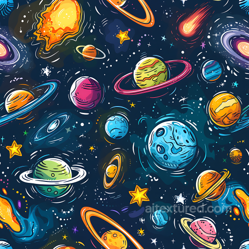 Cartoon Space PBR Texture Featuring Planets, Rings, and Colorful Stars seamless Star, space, planets PBR texture