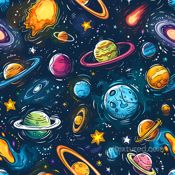 Cartoon Space PBR Texture Featuring Planets, Rings, and Colorful Stars Star, space, planets texture preview
