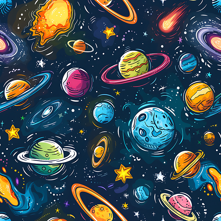 Cartoon Space Featuring Planets, Rings, and Colorful Stars seamless PBR texture preview