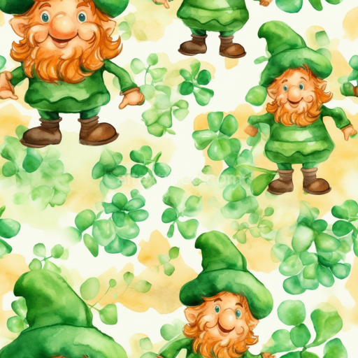 Seamless 3D PBR Texture of Watercolor St Patrick Cartoon Fabric with Leprechauns & Shamrocks