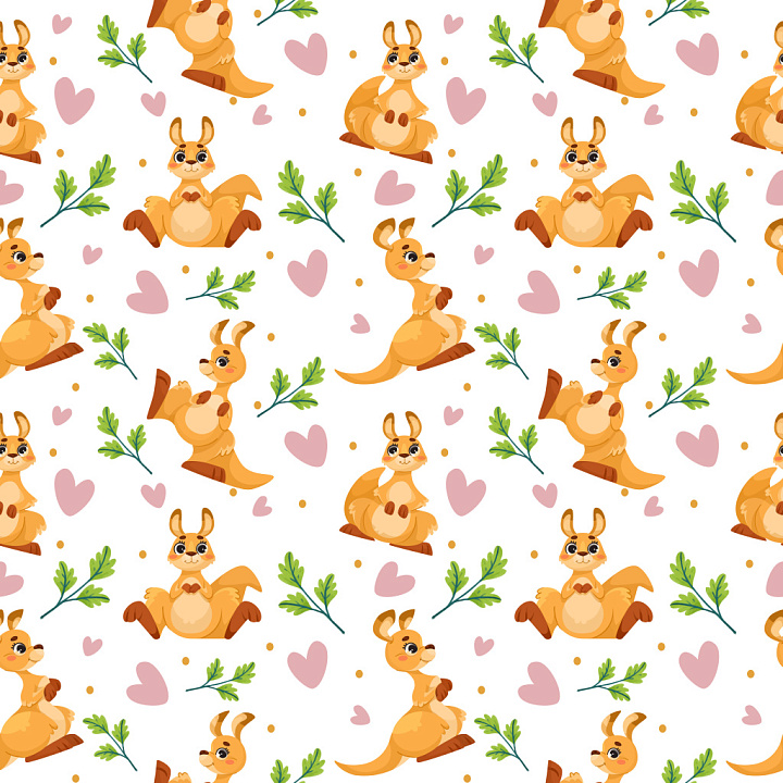 with Playful Kangaroo Cartoon Motifs and Whimsical Hearts seamless PBR texture preview