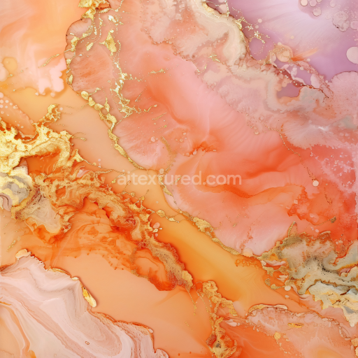 Seamless 3D Alcohol Ink PBR Texture with Peach, Orange, and Gold Fluid Swirls