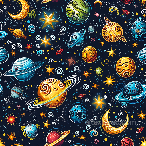 Cartoon Style Space PBR Texture with Colorful Planets & Stars seamless Star, space, planets PBR texture