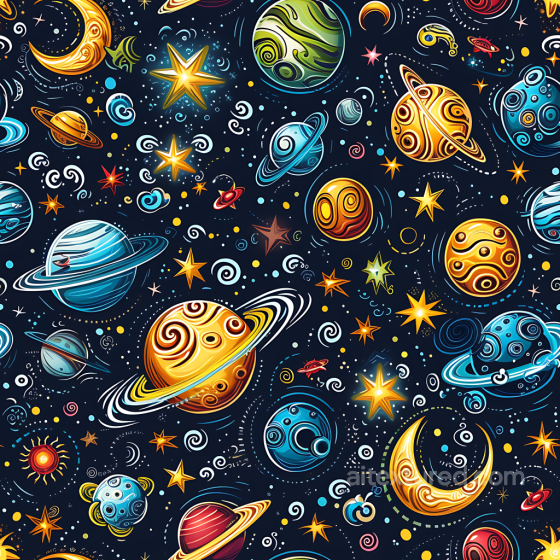 Cartoon Style Space PBR Texture with Colorful Planets & Stars Star, space, planets texture preview