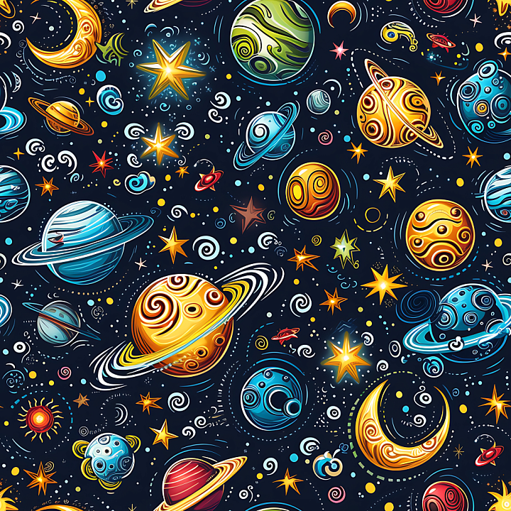 Cartoon Style Space with Colorful Planets & Stars seamless PBR texture preview
