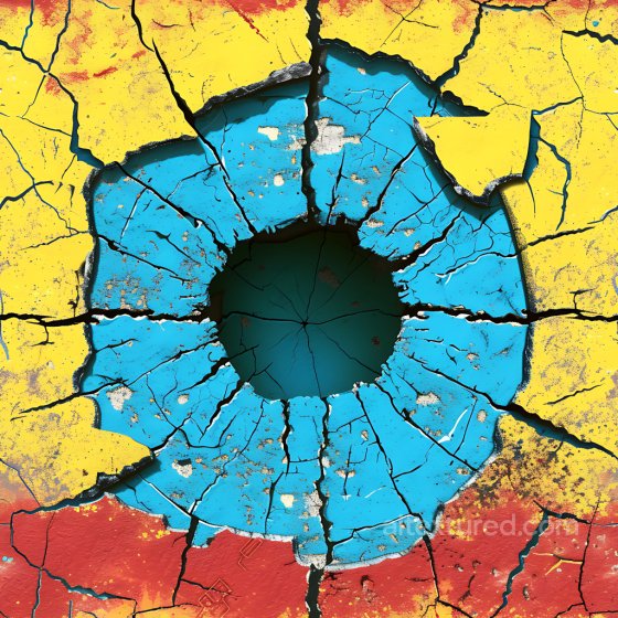 Cracked and Holed Painted Concrete PBR Texture with Vibrant Yellow, Blue, and Red Cracked & Holes texture preview