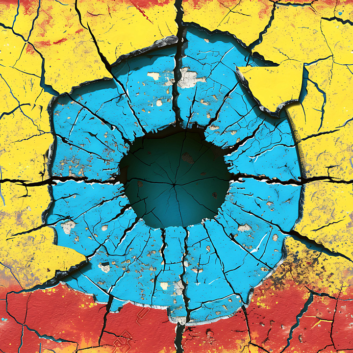 Cracked and Holed Painted Concrete with Vibrant Yellow, Blue, and Red seamless PBR texture preview