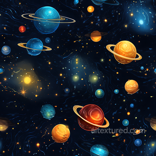 Space PBR Texture Featuring Stylized Colorful Planets with Rings seamless Star, space, planets PBR texture