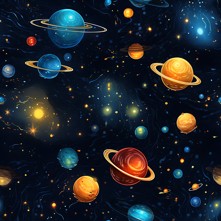 Space Featuring Stylized Colorful Planets with Rings seamless PBR texture preview