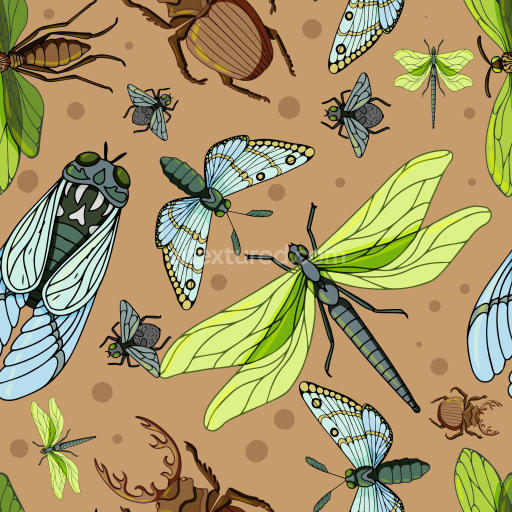 Seamless 3D PBR texture featuring colorful dragonflies and insects on warm brown
