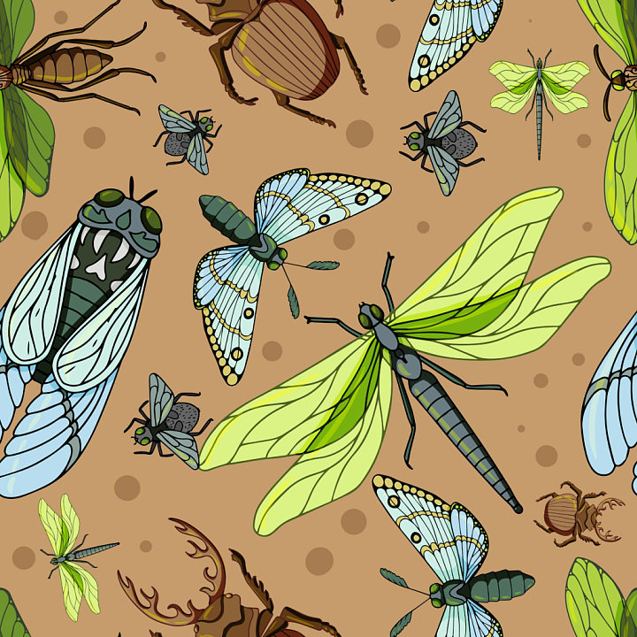 Featuring Colorful Dragonflies And Insects On Warm Brown seamless PBR texture preview