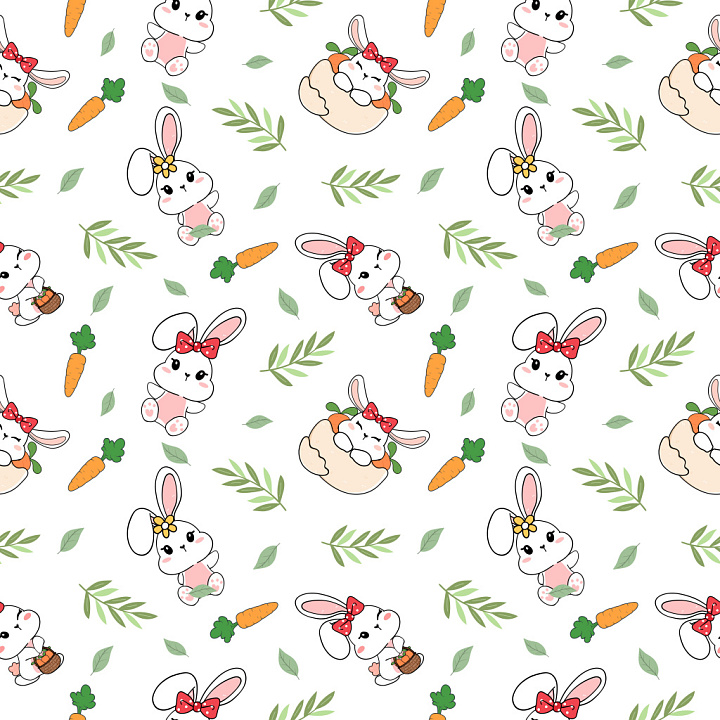 Pattern Featuring Playful Bunny Motifs with Carrots and Leaves seamless PBR texture preview