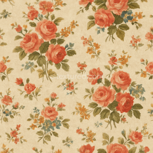 Seamless 3d texture pbr 8k wallpaper showcasing vintage painted floral calico cotton fabric