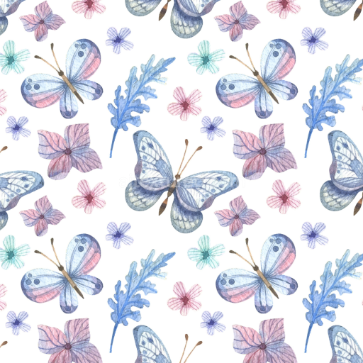 Seamless 3D PBR Texture Featuring Soft Watercolor Butterflies and Floral Patterns