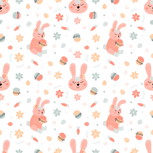 Seamless 3D PBR Digital Paper Texture with Cartoon Easter Bunnies and Pastel Motifs
