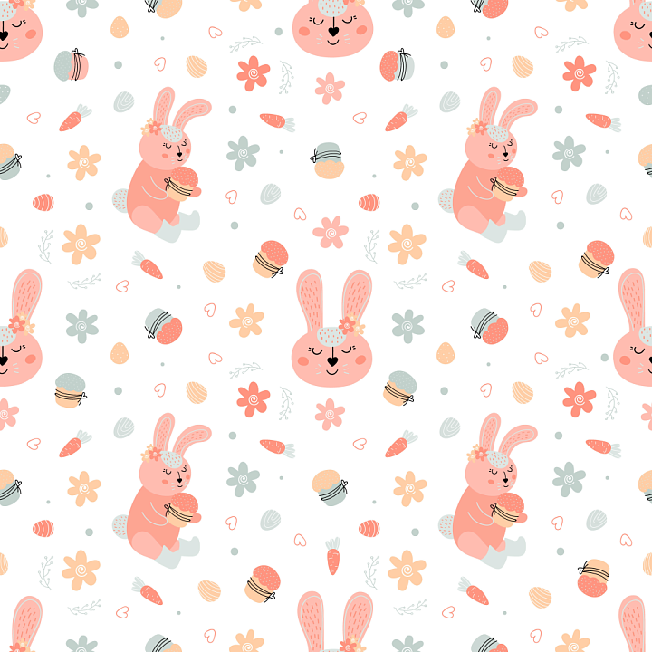 Digital Paper with Cartoon Easter Bunnies and Pastel Motifs seamless PBR texture preview