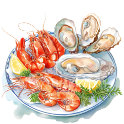 seamless Watercolor Seafood Platter Breakfast Graphic Featuring Prawns and Oysters texture 8k free download PBR