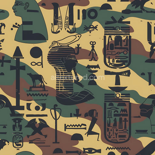 Seamless 3D Egyptian Themed Camouflage PBR Texture with Ancient Hieroglyphic Motifs