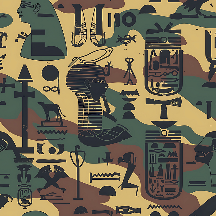 Egyptian Themed Camouflage with Ancient Hieroglyphic Motifs seamless PBR texture preview