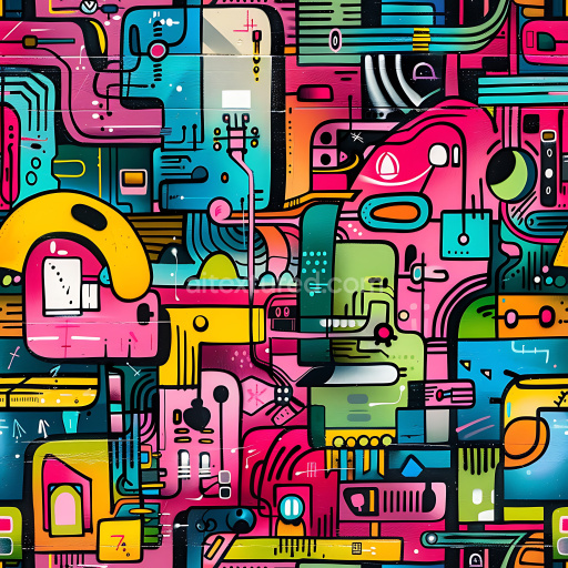 Seamless 3D PBR Texture Featuring Vibrant Geometric Graffiti with Urban Abstract Motifs