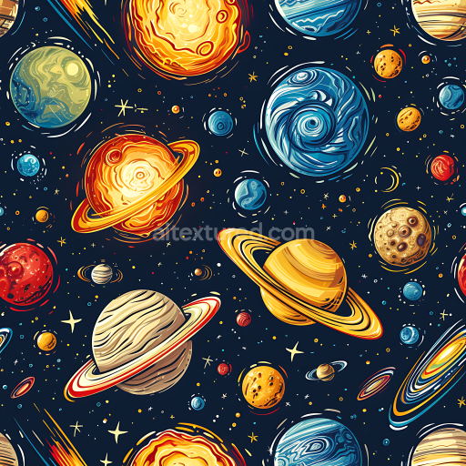 Seamless 3D PBR Texture Featuring Cartoon-Style Planets and Starfield