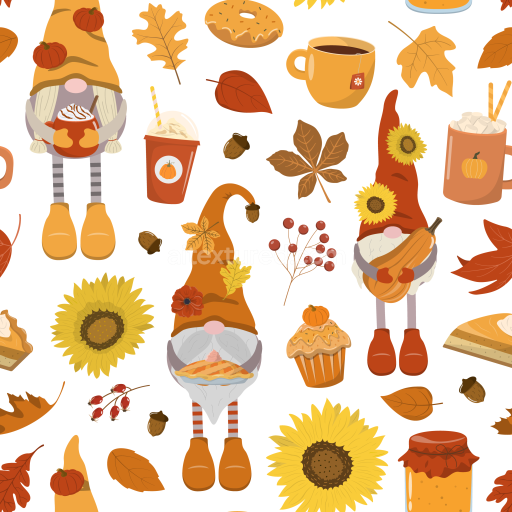 Seamless 3D PBR Texture Featuring Autumn Gnomes, Fall Leaves, and Cozy Foods