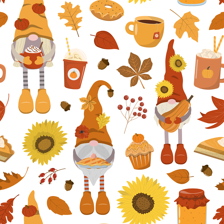 Featuring Autumn Gnomes, Fall Leaves, and Cozy Foods seamless PBR texture preview