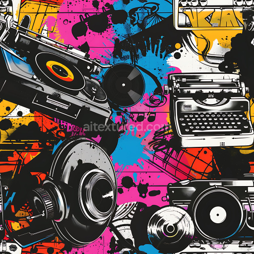 Seamless 3D PBR Texture Featuring Colorful Retro Tech Graffiti Art