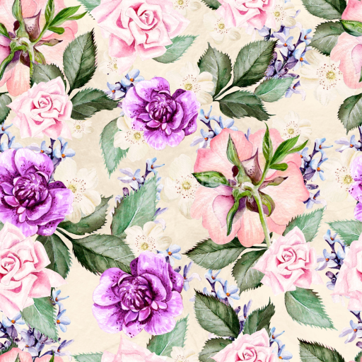 Seamless 3D PBR Floral Watercolor Pattern Texture with Pink, Purple Flowers and Green Leaves
