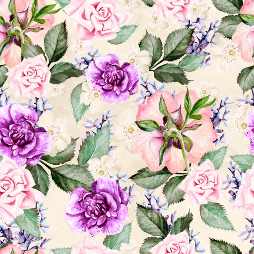 Floral Watercolor Pattern Texture with Pink, Purple Flowers and Green Leaves seamless Flower PBR texture