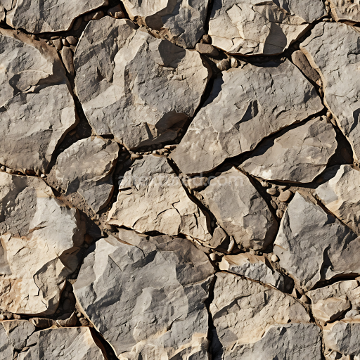 Seamless 3D Weathered Stone Wall PBR Texture with Rough, Layered Beige and Gray Rocks