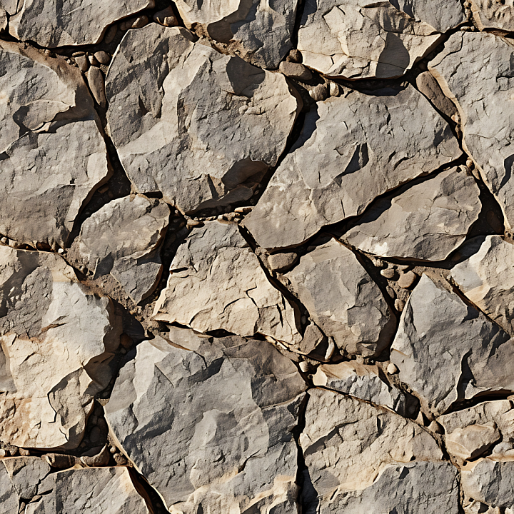 Weathered Stone Wall with Rough, Layered Beige and Gray Rocks seamless PBR texture preview