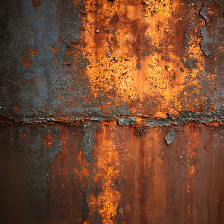 Cracked and Peeling Rusted Metal in Warm Orange and Dark Gray seamless PBR texture preview