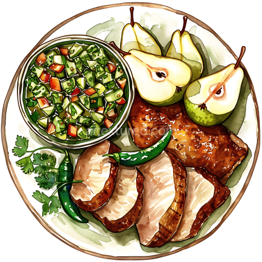 Breakfast Plate with Roast Pork, Fresh Pears, and Green Salsa Illustration