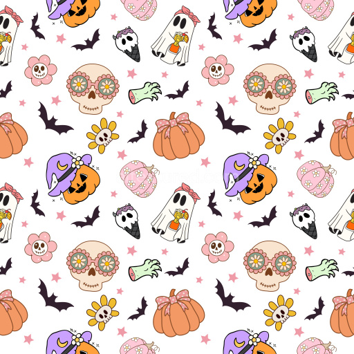 Pattern Bundle - Seamless 3D Pattern PBR Texture Featuring Cute Hand-Drawn Halloween Motifs in Pastel Colo… texture preview