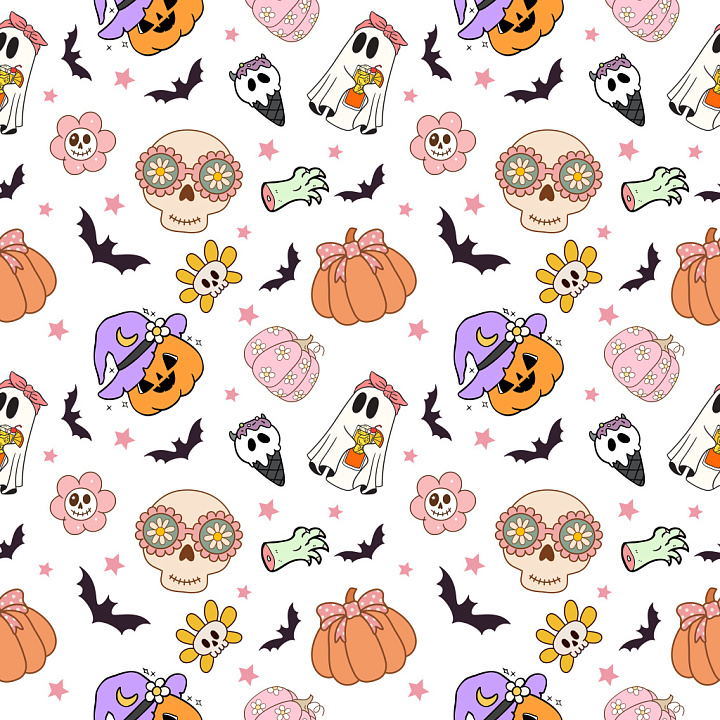 Pattern Featuring Cute Hand-Drawn Halloween Motifs in Pastel Colors seamless PBR texture preview