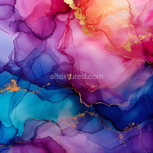 Seamless 3D Alcohol Ink PBR Texture Featuring Vivid Purple Hues and Golden Veined Fluidity
