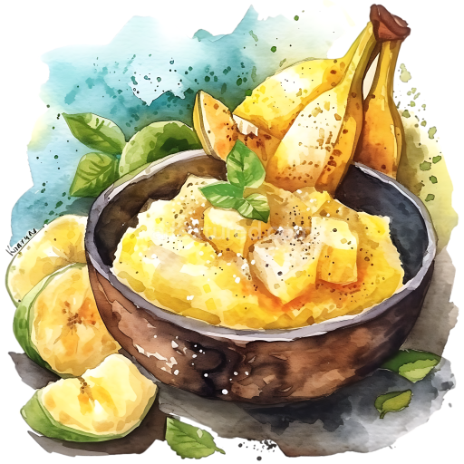 Watercolor Mashed Bananas Breakfast Bowl Illustration with Fresh Bananas